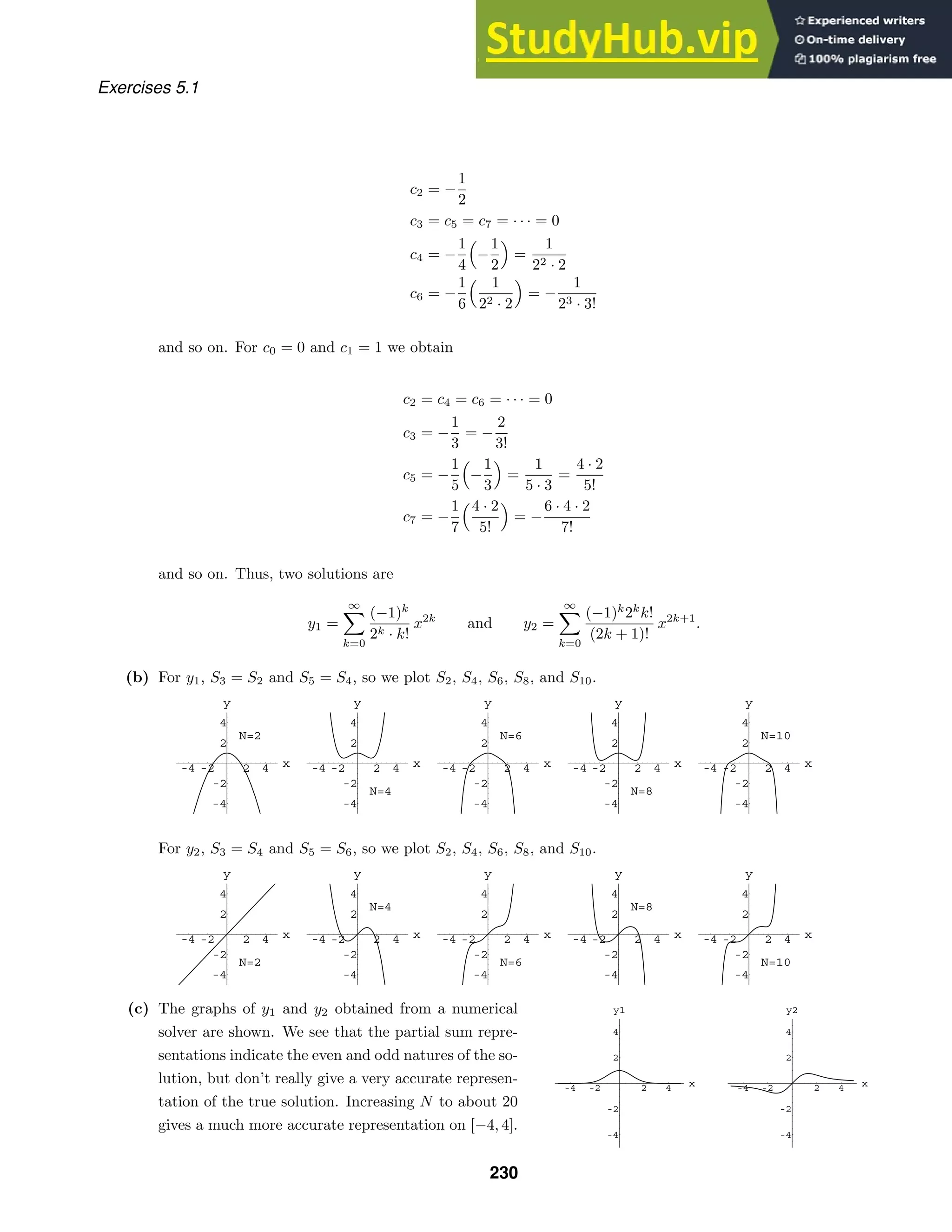 -4 -2 2 4 x
-4
-2
2
4
y
N=2
-4 -2 2 4 x
-4
-2
2
4
y
N=4
-4 -2 2 4 x
-4
-2
2
4
y
N=6
-4 -2 2 4 x
-4
-2
2
4
y
N=8
-4 -2 2 4 x
-4
-2
2
4
y
N=10
-4 -2 2 4 x
-4
-2
2
4
y
N=2
-4 -2 2 4 x
-4
-2
2
4
y
N=4
-4 -2 2 4 x
-4
-2
2
4
y
N=6
-4 -2 2 4 x
-4
-2
2
4
y
N=8
-4 -2 2 4 x
-4
-2
2
4
y
N=10
-4 -2 2 4 x
-4
-2
2
4
y1
-4 -2 2 4 x
-4
-2
2
4
y2
Exercises 5.1
c2 = −
1
2
c3 = c5 = c7 = · · · = 0
c4 = −
1
4

−
1
2

=
1
22 · 2
c6 = −
1
6
 1
22 · 2

= −
1
23 · 3!
and so on. For c0 = 0 and c1 = 1 we obtain
c2 = c4 = c6 = · · · = 0
c3 = −
1
3
= −
2
3!
c5 = −
1
5

−
1
3

=
1
5 · 3
=
4 · 2
5!
c7 = −
1
7
4 · 2
5!

= −
6 · 4 · 2
7!
and so on. Thus, two solutions are
y1 =
∞

k=0
(−1)k
2k · k!
x2k
and y2 =
∞

k=0
(−1)k
2k
k!
(2k + 1)!
x2k+1
.
(b) For y1, S3 = S2 and S5 = S4, so we plot S2, S4, S6, S8, and S10.
For y2, S3 = S4 and S5 = S6, so we plot S2, S4, S6, S8, and S10.
(c) The graphs of y1 and y2 obtained from a numerical
solver are shown. We see that the partial sum repre-
sentations indicate the even and odd natures of the so-
lution, but don’t really give a very accurate represen-
tation of the true solution. Increasing N to about 20
gives a much more accurate representation on [−4, 4].
230
 