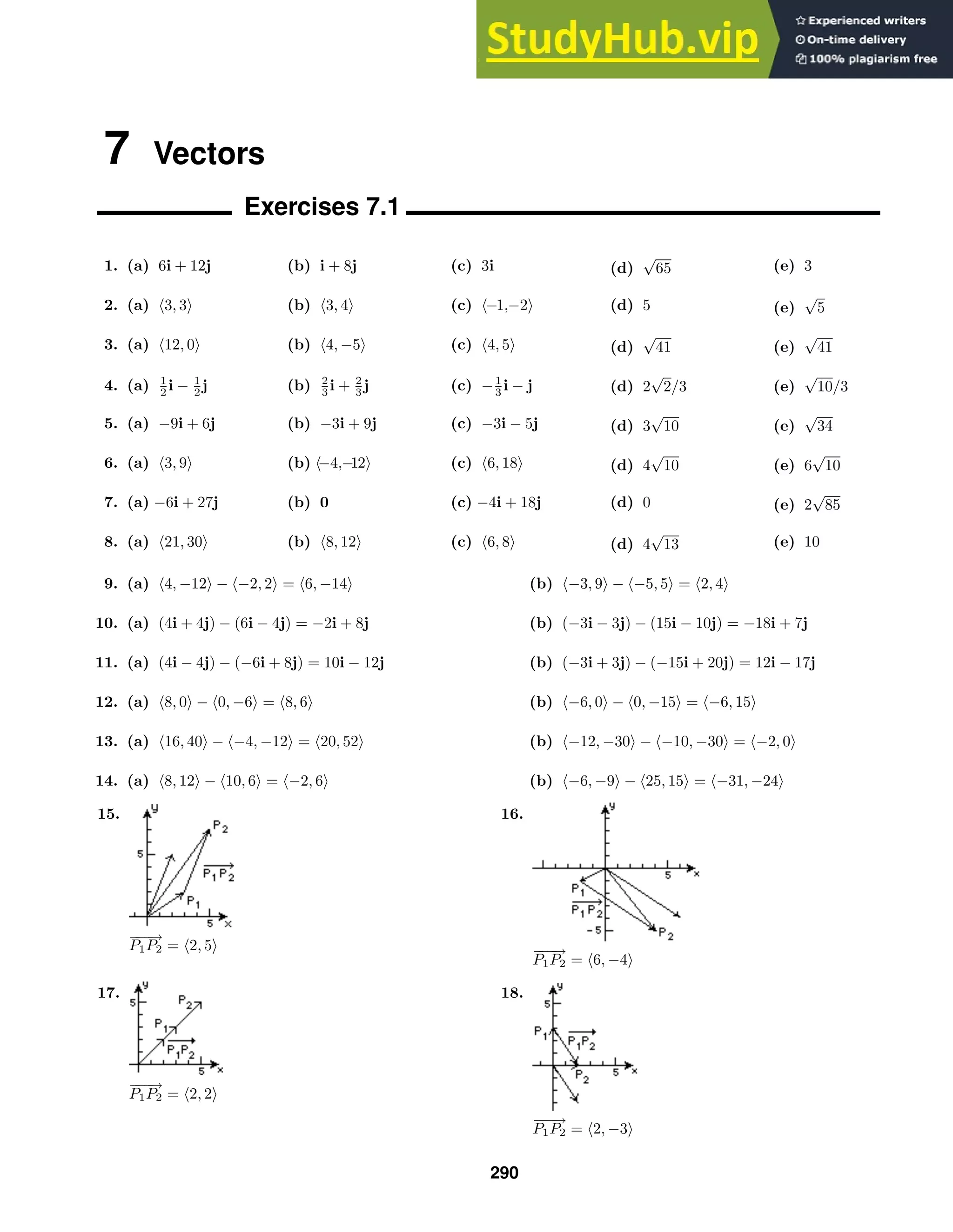 7 Vectors
Exercises 7.1
1. (a) 6i + 12j (b) i + 8j (c) 3i (d)
√
65 (e) 3
2. (a) 3, 3 (b) 3, 4 (c) −1,−2 (d) 5 (e)
√
5
3. (a) 12, 0 (b) 4, −5 (c) 4, 5 (d)
√
41 (e)
√
41
4. (a) 1
2 i − 1
2 j (b) 2
3 i + 2
3 j (c) −1
3 i − j (d) 2
√
2/3 (e)
√
10/3
5. (a) −9i + 6j (b) −3i + 9j (c) −3i − 5j (d) 3
√
10 (e)
√
34
6. (a) 3, 9 (b) 
−4,−
12 (c) 6, 18 (d) 4
√
10 (e) 6
√
10
7. (a) −6i + 27j (b) 0 (c) −4i + 18j (d) 0 (e) 2
√
85
8. (a) 21, 30 (b) 8, 12 (c) 6, 8 (d) 4
√
13 (e) 10
9. (a) 4, −12 − −2, 2 = 6, −14 (b) −3, 9 − −5, 5 = 2, 4
10. (a) (4i + 4j) − (6i − 4j) = −2i + 8j (b) (−3i − 3j) − (15i − 10j) = −18i + 7j
11. (a) (4i − 4j) − (−6i + 8j) = 10i − 12j (b) (−3i + 3j) − (−15i + 20j) = 12i − 17j
12. (a) 8, 0 − 0, −6 = 8, 6 (b) −6, 0 − 0, −15 = −6, 15
13. (a) 16, 40 − −4, −12 = 20, 52 (b) −12, −30 − −10, −30 = −2, 0
14. (a) 8, 12 − 10, 6 = −2, 6 (b) −6, −9 − 25, 15 = −31, −24
15.
−
−
−
→
P1P2 = 2, 5
16.
−
−
−
→
P1P2 = 6, −4
17.
−
−
−
→
P1P2 = 2, 2
18.
−
−
−
→
P1P2 = 2, −3
290
 