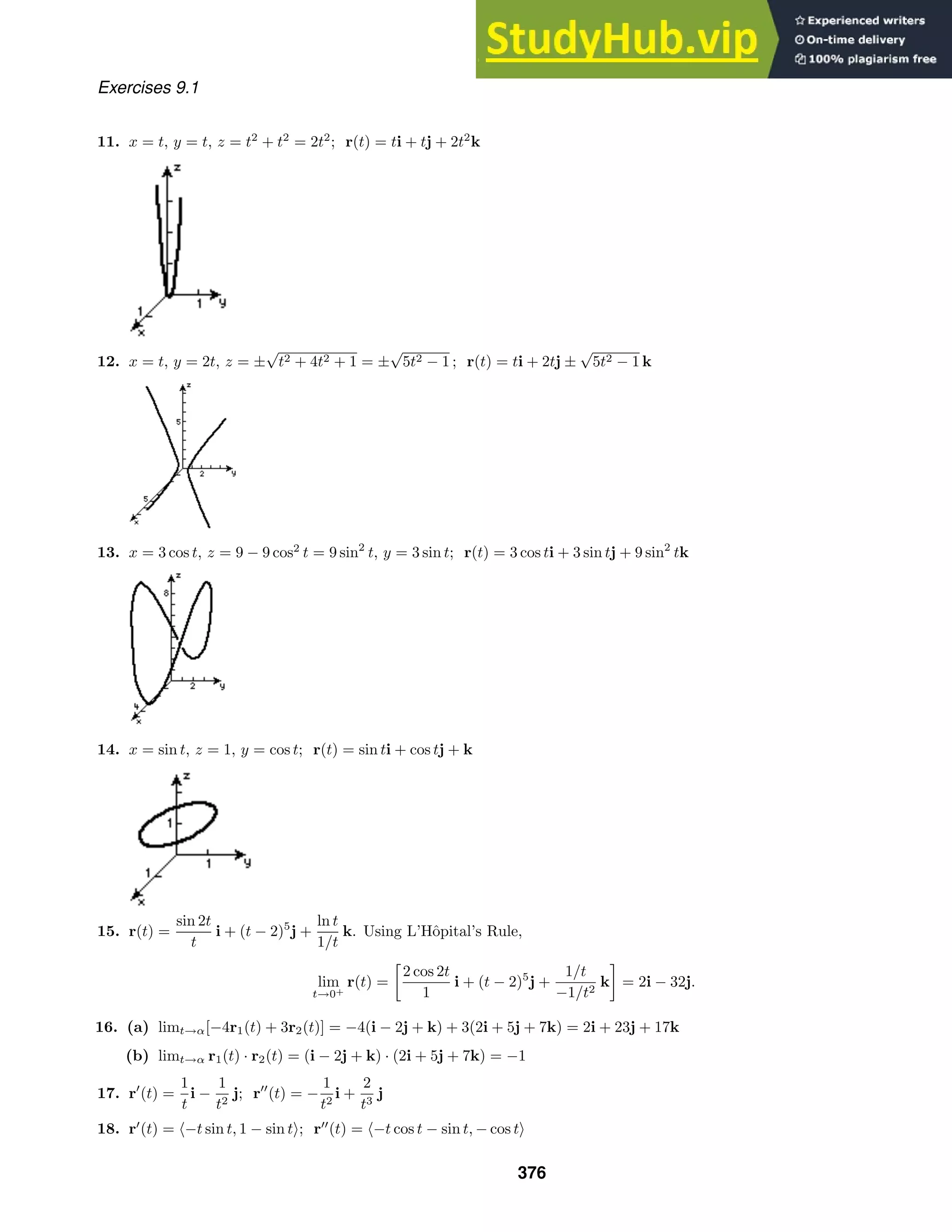 Exercises 9.1
11. x = t, y = t, z = t2
+ t2
= 2t2
; r(t) = ti + tj + 2t2
k
12. x = t, y = 2t, z = ±
√
t2 + 4t2 + 1 = ±
√
5t2 − 1 ; r(t) = ti + 2tj ±
√
5t2 − 1 k
13. x = 3 cos t, z = 9 − 9 cos2
t = 9 sin2
t, y = 3 sin t; r(t) = 3 cos ti + 3 sin tj + 9 sin2
tk
14. x = sin t, z = 1, y = cos t; r(t) = sin ti + cos tj + k
15. r(t) =
sin 2t
t
i + (t − 2)5
j +
ln t
1/t
k. Using L’Hôpital’s Rule,
lim
t→0+
r(t) =

2 cos 2t
1
i + (t − 2)5
j +
1/t
−1/t2
k

= 2i − 32j.
16. (a) limt→α[−4r1(t) + 3r2(t)] = −4(i − 2j + k) + 3(2i + 5j + 7k) = 2i + 23j + 17k
(b) limt→α r1(t) · r2(t) = (i − 2j + k) · (2i + 5j + 7k) = −1
17. r
(t) =
1
t
i −
1
t2
j; r
(t) = −
1
t2
i +
2
t3
j
18. r
(t) = −t sin t, 1 − sin t; r
(t) = −t cos t − sin t, − cos t
376
 