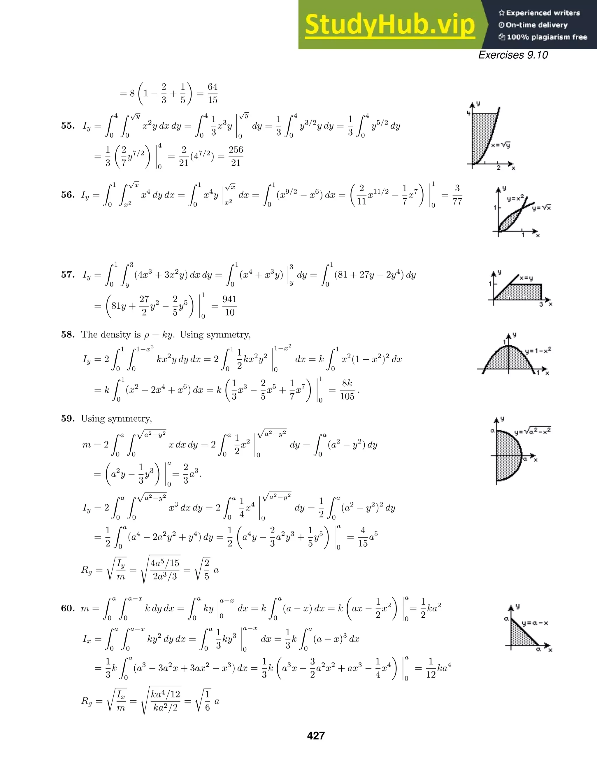 Exercises 9.10
= 8 1 −
2
3
+
1
5
=
64
15
55. Iy =
 4
0
 √
y
0
x2
y dx dy =
 4
0
1
3
x3
y
√
y
0
dy =
1
3
 4
0
y3/2
y dy =
1
3
 4
0
y5/2
dy
=
1
3
2
7
y7/2
4
0
=
2
21
(47/2
) =
256
21
56. Iy =
 1
0
 √
x
x2
x4
dy dx =
 1
0
x4
y
√
x
x2
dx =
 1
0
(x9/2
− x6
) dx =
2
11
x11/2
−
1
7
x7
1
0
=
3
77
57. Iy =
 1
0
 3
y
(4x3
+ 3x2
y) dx dy =
 1
0
(x4
+ x3
y)
3
y
dy =
 1
0
(81 + 27y − 2y4
) dy
= 81y +
27
2
y2
−
2
5
y5
1
0
=
941
10
58. The density is ρ = ky. Using symmetry,
Iy = 2
 1
0
 1−x2
0
kx2
y dy dx = 2
 1
0
1
2
kx2
y2
1−x2
0
dx = k
 1
0
x2
(1 − x2
)2
dx
= k
 1
0
(x2
− 2x4
+ x6
) dx = k
1
3
x3
−
2
5
x5
+
1
7
x7
1
0
=
8k
105
.
59. Using symmetry,
m = 2
 a
0
 √
a2−y2
0
x dx dy = 2
 a
0
1
2
x2
√
a2−y2
0
dy =
 a
0
(a2
− y2
) dy
= a2
y −
1
3
y3
a
0
=
2
3
a3
.
Iy = 2
 a
0
 √
a2−y2
0
x3
dx dy = 2
 a
0
1
4
x4
√
a2−y2
0
dy =
1
2
 a
0
(a2
− y2
)2
dy
=
1
2
 a
0
(a4
− 2a2
y2
+ y4
) dy =
1
2
a4
y −
2
3
a2
y3
+
1
5
y5
a
0
=
4
15
a5
Rg =

Iy
m
=

4a5/15
2a3/3
=

2
5
a
60. m =
 a
0
 a−x
0
k dy dx =
 a
0
ky
a−x
0
dx = k
 a
0
(a − x) dx = k ax −
1
2
x2
a
0
=
1
2
ka2
Ix =
 a
0
 a−x
0
ky2
dy dx =
 a
0
1
3
ky3
a−x
0
dx =
1
3
k
 a
0
(a − x)3
dx
=
1
3
k
 a
0
(a3
− 3a2
x + 3ax2
− x3
) dx =
1
3
k a3
x −
3
2
a2
x2
+ ax3
−
1
4
x4
a
0
=
1
12
ka4
Rg =

Ix
m
=

ka4/12
ka2/2
=

1
6
a
427
 