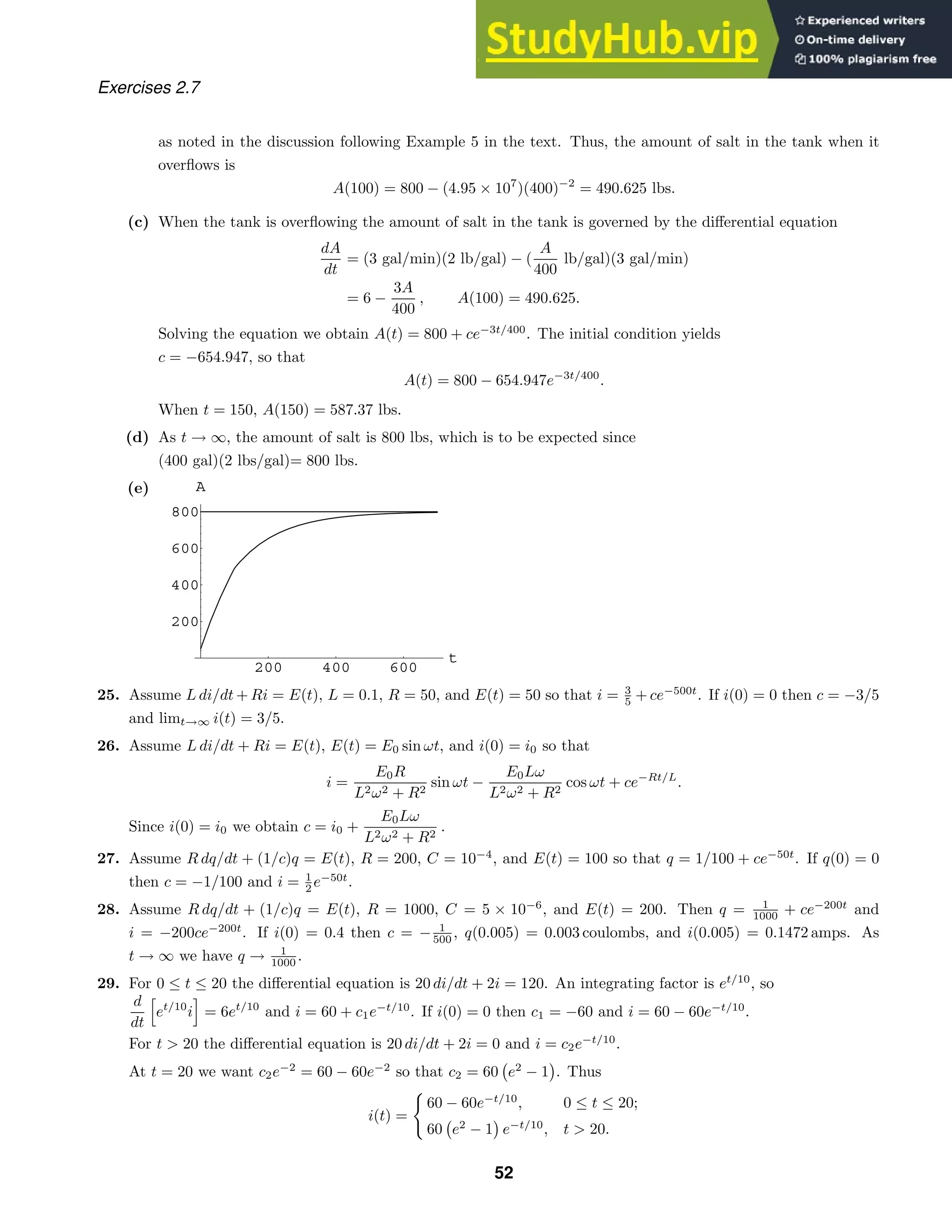 200 400 600
t
200
400
600
800
A
Exercises 2.7
as noted in the discussion following Example 5 in the text. Thus, the amount of salt in the tank when it
overﬂows is
A(100) = 800 − (4.95 × 107
)(400)−2
= 490.625 lbs.
(c) When the tank is overﬂowing the amount of salt in the tank is governed by the diﬀerential equation
dA
dt
= (3 gal/min)(2 lb/gal) − (
A
400
lb/gal)(3 gal/min)
= 6 −
3A
400
, A(100) = 490.625.
Solving the equation we obtain A(t) = 800 + ce−3t/400
. The initial condition yields
c = −654.947, so that
A(t) = 800 − 654.947e−3t/400
.
When t = 150, A(150) = 587.37 lbs.
(d) As t → ∞, the amount of salt is 800 lbs, which is to be expected since
(400 gal)(2 lbs/gal)= 800 lbs.
(e)
25. Assume L di/dt + Ri = E(t), L = 0.1, R = 50, and E(t) = 50 so that i = 3
5 + ce−500t
. If i(0) = 0 then c = −3/5
and limt→∞ i(t) = 3/5.
26. Assume L di/dt + Ri = E(t), E(t) = E0 sin ωt, and i(0) = i0 so that
i =
E0R
L2ω2 + R2
sin ωt −
E0Lω
L2ω2 + R2
cos ωt + ce−Rt/L
.
Since i(0) = i0 we obtain c = i0 +
E0Lω
L2ω2 + R2
.
27. Assume R dq/dt + (1/c)q = E(t), R = 200, C = 10−4
, and E(t) = 100 so that q = 1/100 + ce−50t
. If q(0) = 0
then c = −1/100 and i = 1
2 e−50t
.
28. Assume R dq/dt + (1/c)q = E(t), R = 1000, C = 5 × 10−6
, and E(t) = 200. Then q = 1
1000 + ce−200t
and
i = −200ce−200t
. If i(0) = 0.4 then c = − 1
500 , q(0.005) = 0.003 coulombs, and i(0.005) = 0.1472 amps. As
t → ∞ we have q → 1
1000 .
29. For 0 ≤ t ≤ 20 the diﬀerential equation is 20 di/dt + 2i = 120. An integrating factor is et/10
, so
d
dt

et/10
i

= 6et/10
and i = 60 + c1e−t/10
. If i(0) = 0 then c1 = −60 and i = 60 − 60e−t/10
.
For t  20 the diﬀerential equation is 20 di/dt + 2i = 0 and i = c2e−t/10
.
At t = 20 we want c2e−2
= 60 − 60e−2
so that c2 = 60

e2
− 1 . Thus
i(t) =

60 − 60e−t/10
, 0 ≤ t ≤ 20;
60

e2
− 1 e−t/10
, t  20.
52
 