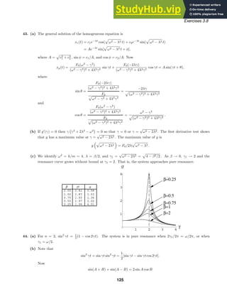 β γ1 g
2.00 1.41 0.58
1.00 1.87 1.03
0.75 1.93 1.36
0.50 1.97 2.02
0.25 1.99 4.01
1 2 3 4
γ
1
2
3
4
g
β=0.25
β=0.5
β=0.75
β=1
β=2
Exercises 3.8
43. (a) The general solution of the homogeneous equation is
xc(t) = c1e−λt
cos(

ω2 − λ2 t) + c2e−λt
sin(

ω2 − λ2 t)
= Ae−λt
sin[

ω2 − λ2 t + φ],
where A =

c2
1 + c2
2 , sin φ = c1/A, and cos φ = c2/A. Now
xp(t) =
F0(ω2
− γ2
)
(ω2 − γ2)2 + 4λ2γ2
sin γt +
F0(−2λγ)
(ω2 − γ2)2 + 4λ2γ2
cos γt = A sin(γt + θ),
where
sin θ =
F0(−2λγ)
(ω2 − γ2)2 + 4λ2γ2
F0

ω2 − γ2 + 4λ2
γ2
=
−2λγ

(ω2 − γ2)2 + 4λ2γ2
and
cos θ =
F0(ω2
− γ2
)
(ω2 − γ2)2 + 4λ2γ2
F0

(ω2 − γ2)2 + 4λ2γ2
=
ω2
− γ2

(ω2 − γ2)2 + 4λ2γ2
.
(b) If g
(γ) = 0 then γ

γ2
+ 2λ2
− ω2

= 0 so that γ = 0 or γ =
√
ω2 − 2λ2. The ﬁrst derivative test shows
that g has a maximum value at γ =
√
ω2 − 2λ2 . The maximum value of g is
g

ω2 − 2λ2

= F0/2λ

ω2 − λ2.
(c) We identify ω2
= k/m = 4, λ = β/2, and γ1 =
√
ω2 − 2λ2 =

4 − β2/2 . As β → 0, γ1 → 2 and the
resonance curve grows without bound at γ1 = 2. That is, the system approaches pure resonance.
44. (a) For n = 2, sin2
γt = 1
2 (1 − cos 2γt). The system is in pure resonance when 2γ1/2π = ω/2π, or when
γ1 = ω/2.
(b) Note that
sin3
γt = sin γt sin2
γt =
1
2
[sin γt − sin γt cos 2γt].
Now
sin(A + B) + sin(A − B) = 2 sin A cos B
125
 