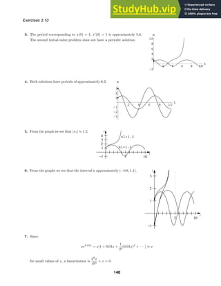 2 4 6 8 10
t
2
4
6
8
10
-2
x
2 4 6 8 10
t
1
2
3
-1
-2
-3
x
x1=1.1
x1=1.2
t
x
5 10
−1
1
2
3
4
t
x
5 10
−1
1
2
3
Exercises 3.10
3. The period corresponding to x(0) = 1, x
(0) = 1 is approximately 5.8.
The second initial-value problem does not have a periodic solution.
4. Both solutions have periods of approximately 6.3.
5. From the graph we see that |x1| ≈ 1.2.
6. From the graphs we see that the interval is approximately (−0.8, 1.1).
7. Since
xe0.01x
= x[1 + 0.01x +
1
2!
(0.01x)2
+ · · · ] ≈ x
for small values of x, a linearization is
d2
x
dt2
+ x = 0.
140
 