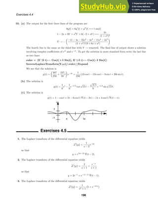 t
q
−5
5
π 3π
Exercises 4.4
55. (a) The output for the ﬁrst three lines of the program are
9y[t] + 6y
[t] + y
[t] == t sin[t]
1 − 2s + 9Y + s2
Y + 6(−2 + sY ) ==
2s
(1 + s2)2
Y → −

−11 − 4s − 22s2
− 4s3
− 11s4
− 2s5
(1 + s2)2(9 + 6s + s2)

The fourth line is the same as the third line with Y → removed. The ﬁnal line of output shows a solution
involving complex coeﬃcients of eit
and e−it
. To get the solution in more standard form write the last line
as two lines:
euler = {Eˆ(I t) - Cos[t] + I Sin[t], Eˆ(-I t) - Cos[t] - I Sin[t]}
InverseLaplaceTransform[Y,s,t]/.euler//Expand
We see that the solution is
y(t) =

487
250
+
247
50
t

e−3t
+
1
250
(13 cos t − 15t cos t − 9 sin t + 20t sin t) .
(b) The solution is
y(t) =
1
6
et
−
1
6
e−t/2
cos
√
15 t −

3/5
6
e−t/2
sin
√
15 t.
(c) The solution is
q(t) = 1 − cos t + (6 − 6 cos t) (t − 3π) − (4 + 4 cos t) (t − π).
Exercises 4.5
1. The Laplace transform of the diﬀerential equation yields
{y} =
1
s − 3
e−2s
so that
y = e3(t−2)
(t − 2).
2. The Laplace transform of the diﬀerential equation yields
{y} =
2
s + 1
+
e−s
s + 1
so that
y = 2e−t
+ e−(t−1)
(t − 1).
3. The Laplace transform of the diﬀerential equation yields
{y} =
1
s2 + 1

1 + e−2πs

196
 