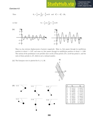 3π 6π t
θ1
−2
−1
1
2
3π 6π t
θ2
−2
−1
1
2
-1
-0.5 0.5 1
θ1
-2
-1
1
2
θ2
t θ1 θ2
1 -0.2111 0.8263
2 -0.6585 0.6438
3 0.4830 -1.9145
4 -0.1325 0.1715
5 -0.4111 1.6951
6 0.8327 -0.8662
7 0.0458 -0.3186
8 -0.9639 0.9452
9 0.3534 -1.2741
10 0.4370 -0.3502
t=0 t=1 t=2
t=3 t=4 t=5
Exercises 4.6
Then θ2 =
1
2
cos
2
√
3
t −
3
2
cos 2t and θ
1 = −θ
2 − 2θ2
so that θ1 =
1
4
cos
2
√
3
t +
3
4
cos 2t.
(b)
Mass m2 has extreme displacements of greater magnitude. Mass m1 ﬁrst passes through its equilibrium
position at about t = 0.87, and mass m2 ﬁrst passes through its equilibrium position at about t = 0.66.
The motion of the pendulums is not periodic since cos 2t/
√
3 has period
√
3 π, cos 2t has period π, and the
ratio of these periods is
√
3 , which is not a rational number.
(c) The Lissajous curve is plotted for 0 ≤ t ≤ 30.
(d)
206
 