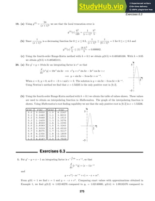 x
y
2
−5
5
x(n) y(n) x(n) y(n)
0.0 0.0000 1.0 4.2147
0.1 0.1440 1.1 3.8033
0.2 0.5448 1.2 3.1513
0.3 1.1409 1.3 2.3076
0.4 1.8559 1.4 1.3390
0.5 2.6049 1.5 0.3243
0.6 3.3019 1.6 -0.6530
0.7 3.8675 1.7 -1.5117
0.8 4.2356 1.8 -2.1809
0.9 4.3593 1.9 -2.6061
1.0 4.2147 2.0 -2.7539
x
y
2
−5
5
Exercises 6.3
19. (a) Using y(5)
=
24
(x + 1)5
we see that the local truncation error is
y(5)
(c)
h5
120
=
1
(c + 1)5
h5
5
.
(b) Since
1
(x + 1)5
is a decreasing function for 0 ≤ x ≤ 0.5,
1
(c + 1)5
≤
1
(0 + 1)5
= 1 for 0 ≤ c ≤ 0.5 and
y(5)
(c)
h5
5
≤ (1)
(0.1)5
5
= 0.000002.
(c) Using the fourth-order Runge-Kutta method with h = 0.1 we obtain y(0.5) ≈ 0.405465168. With h = 0.05
we obtain y(0.5) ≈ 0.405465111.
20. (a) For y
+ y = 10 sin 3x an integrating factor is ex
so that
d
dx
[ex
y] = 10ex
sin 3x =⇒ ex
y = ex
sin 3x − 3ex
cos 3x + c
=⇒ y = sin 3x − 3 cos 3x + ce−x
.
When x = 0, y = 0, so 0 = −3 + c and c = 3. The solution is y = sin 3x − 3 cos 3x + 3e−x
.
Using Newton’s method we ﬁnd that x = 1.53235 is the only positive root in [0, 2].
(b) Using the fourth-order Runge-Kutta method with h = 0.1 we obtain the table of values shown. These values
are used to obtain an interpolating function in Mathematica. The graph of the interpolating function is
shown. Using Mathematica’s root ﬁnding capability we see that the only positive root in [0, 2] is x = 1.53236.
Exercises 6.3
1. For y
− y = x − 1 an integrating factor is e− dx
= e−x
, so that
d
dx
[e−x
y] = (x − 1)e−x
and
y = ex
(−xe−x
+ c) = −x + cex
.
From y(0) = 1 we ﬁnd c = 1 and y = −x + ex
. Comparing exact values with approximations obtained in
Example 1, we ﬁnd y(0.2) ≈ 1.02140276 compared to y1 = 1.02140000, y(0.4) ≈ 1.09182470 compared to
275
 