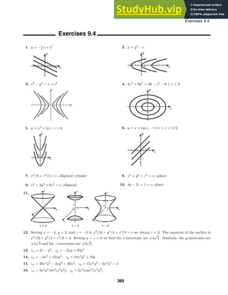 Exercises 9.4
Exercises 9.4
1. y = −1
2 x + C 2. x = y2
− c
3. x2
− y2
= 1 + c2
4. 4x2
+ 9y2
= 36 − c2
, −6 ≤ c ≤ 6
5. y = x2
+ ln c, c  0 6. y = x + tan c, −π/x  c  π/2
7. x2
/9 + z2
/4 = c; elliptical cylinder 8. x2
+ y2
+ z2
= c; sphere
9. x2
+ 3y2
+ 6z2
= c; ellipsoid 10. 4y − 2z + 1 = c; plane
11.
12. Setting x = −4, y = 2, and z = −3 in x2
/16 + y2
/4 + z2
/9 = c we obtain c = 3. The equation of the surface is
x2
/16 + y2
/4 + z2
/9 = 3. Setting y = z = 0 we ﬁnd the x-intercepts are ±4
√
3 . Similarly, the y-intercepts are
±2
√
3 and the z-intercepts are ±3
√
3 .
13. zx = 2x − y2
; zy = −2xy + 20y4
14. zx = −3x2
+ 12xy3
; zy = 18x2
y2
+ 10y
15. zx = 20x3
y3
− 2xy6
+ 30x4
; zy = 15x4
y2
− 6x2
y5
− 4
16. zx = 3x2
y2
sec2
(x3
y2
); zy = 2x3
y sec2
(x3
y2
)
389
 