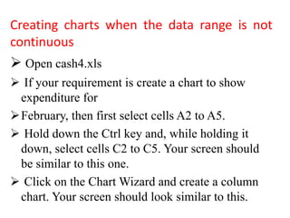 Creating charts when the data range is not
continuous
 Open cash4.xls
 If your requirement is create a chart to show
expenditure for
February, then first select cells A2 to A5.
 Hold down the Ctrl key and, while holding it
down, select cells C2 to C5. Your screen should
be similar to this one.
 Click on the Chart Wizard and create a column
chart. Your screen should look similar to this.
 