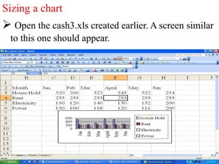 Sizing a chart
 Open the cash3.xls created earlier. A screen similar
to this one should appear.
 