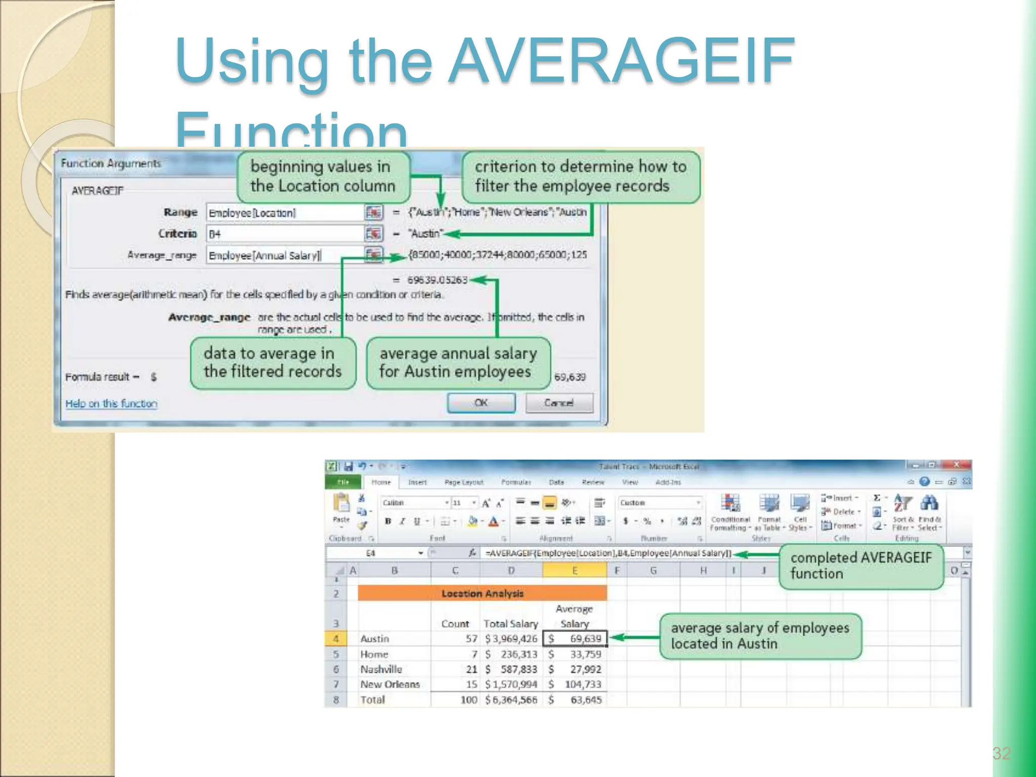 Using the AVERAGEIF
Function
32
 