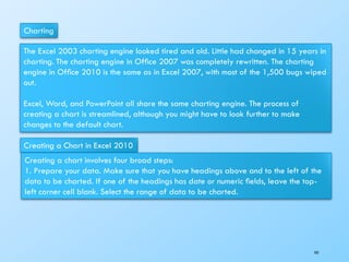 Charting
The Excel 2003 charting engine looked tired and old. Little had changed in 15 years in
charting. The charting engine in Ofﬁce 2007 was completely rewritten. The charting
engine in Ofﬁce 2010 is the same as in Excel 2007, with most of the 1,500 bugs wiped
out.
Excel, Word, and PowerPoint all share the same charting engine. The process of
creating a chart is streamlined, although you might have to look further to make
changes to the default chart.
Creating a Chart in Excel 2010
Creating a chart involves four broad steps:
1. Prepare your data. Make sure that you have headings above and to the left of the
data to be charted. If one of the headings has date or numeric ﬁelds, leave the top-
left corner cell blank. Select the range of data to be charted.
101
 