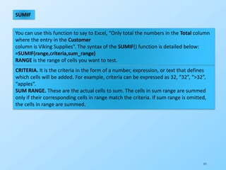 111
SUMIF
You can use this function to say to Excel, “Only total the numbers in the Total column
where the entry in the Customer
column is Viking Supplies”. The syntax of the SUMIF() function is detailed below:
=SUMIF(range,criteria,sum_range)
RANGE is the range of cells you want to test.
CRITERIA. It is the criteria in the form of a number, expression, or text that defines
which cells will be added. For example, criteria can be expressed as 32, “32”, “>32”,
“apples”.
SUM RANGE. These are the actual cells to sum. The cells in sum range are summed
only if their corresponding cells in range match the criteria. If sum range is omitted,
the cells in range are summed.
 