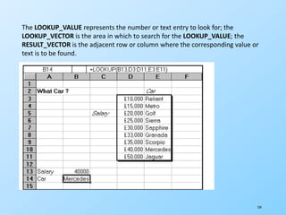 124
The LOOKUP_VALUE represents the number or text entry to look for; the
LOOKUP_VECTOR is the area in which to search for the LOOKUP_VALUE; the
RESULT_VECTOR is the adjacent row or column where the corresponding value or
text is to be found.
 
