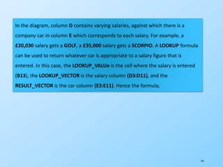 125
In the diagram, column D contains varying salaries, against which there is a
company car in column E which corresponds to each salary. For example, a
£20,030 salary gets a GOLF, a £35,000 salary gets a SCORPIO. A LOOKUP formula
can be used to return whatever car is appropriate to a salary figure that is
entered. In this case, the LOOKUP_VALUe is the cell where the salary is entered
(B13), the LOOKUP_VECTOR is the salary column (D3:D11), and the
RESULT_VECTOR is the car column (E3:E11). Hence the formula;
 
