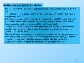 143
Building a Dynamic Amortization Schedule
The problem with the amortization schedule in Figure 18.6 is that it’s static. It works
well
if you change the interest rate or the principal, but it doesn’t handle other types of
changes very well:
Q If you want to use a different time basis—for example, monthly instead of annual—
you need to edit the initial formulas for payment, principal, interest, cumulative
principal, and cumulative interest, and then refill the schedule.
Q If you want to use a different number of periods, you need to either extend the
schedule (for a longer term) or shorten the schedule and delete the extraneous
periods (for a shorter term).
Both operations are tedious and time consuming enough that they greatly reduce the
value of the amortization schedule. To make the schedule truly useful, you need to
reconfigure it so that the schedule formulas and the schedule itself adjust
automatically to any change in the time basis or the length of the term.
 