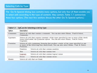 Selecting Cells by Type
The Go To Special dialog box contains many options, but only four of them enable you
to select cells according to the type of contents they contain. Table 1.1 summarizes
these four options. (The next few sections discuss the other Go To Special options.)
155
 