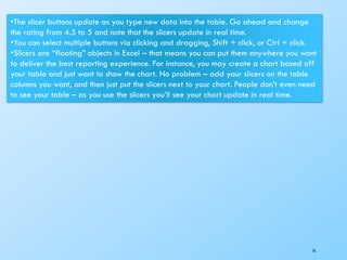 16
•The slicer buttons update as you type new data into the table. Go ahead and change
the rating from 4.5 to 5 and note that the slicers update in real time.
•You can select multiple buttons via clicking and dragging, Shift + click, or Ctrl + click.
•Slicers are “floating” objects in Excel – that means you can put them anywhere you want
to deliver the best reporting experience. For instance, you may create a chart based off
your table and just want to show the chart. No problem – add your slicers on the table
columns you want, and then just put the slicers next to your chart. People don’t even need
to see your table – as you use the slicers you’ll see your chart update in real time.
 