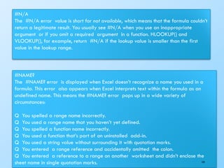 #N/A
The #N/A error value is short for not available, which means that the formula couldn’t
return a legitimate result. You usually see #N/A when you use an inappropriate
argument or if you omit a required argument in a function. HLOOKUP() and
VLOOKUP(), for example, return #N/A if the lookup value is smaller than the first
value in the lookup range.
#NAME?
The #NAME? error is displayed when Excel doesn’t recognize a name you used in a
formula. This error also appears when Excel interprets text within the formula as an
undefined name. This means the #NAME? error pops up in a wide variety of
circumstances:
Q You spelled a range name incorrectly.
Q You used a range name that you haven’t yet defined.
Q You spelled a function name incorrectly.
Q You used a function that’s part of an uninstalled add-in.
Q You used a string value without surrounding it with quotation marks.
Q You entered a range reference and accidentally omitted the colon.
Q You entered a reference to a range on another worksheet and didn’t enclose the
sheet name in single quotation marks. 164
 