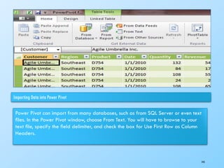 Importing Data into Power Pivot
Power Pivot can import from many databases, such as from SQL Server or even text
ﬁles. In the Power Pivot window, choose From Text. You will have to browse to your
text ﬁle, specify the ﬁeld delimiter, and check the box for Use First Row as Column
Headers.
243
 
