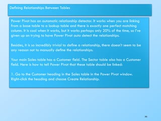 Deﬁning Relationships Between Tables
Power Pivot has an automatic relationship detector. It works when you are linking
from a base table to a lookup table and there is exactly one perfect matching
column. It is cool when it works, but it works perhaps only 20% of the time, so I’ve
given up on trying to have Power Pivot auto detect the relationships.
Besides, it is so incredibly trivial to deﬁne a relationship, there doesn’t seem to be
any reason not to manually deﬁne the relationships.
Your main Sales table has a Customer ﬁeld. The Sector table also has a Customer
ﬁeld. Here is how to tell Power Pivot that these table should be linked:
1. Go to the Customer heading in the Sales table in the Power Pivot window.
Right-click the heading and choose Create Relationship.
245
 