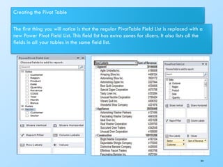 Creating the Pivot Table
The ﬁrst thing you will notice is that the regular PivotTable Field List is replaced with a
new Power Pivot Field List. This ﬁeld list has extra zones for slicers. It also lists all the
ﬁelds in all your tables in the same ﬁeld list.
251
 