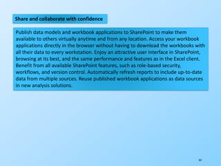 261
Share and collaborate with confidence
Publish data models and workbook applications to SharePoint to make them
available to others virtually anytime and from any location. Access your workbook
applications directly in the browser without having to download the workbooks with
all their data to every workstation. Enjoy an attractive user interface in SharePoint,
browsing at its best, and the same performance and features as in the Excel client.
Benefit from all available SharePoint features, such as role-based security,
workflows, and version control. Automatically refresh reports to include up-to-date
data from multiple sources. Reuse published workbook applications as data sources
in new analysis solutions.
 