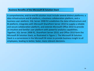 264
Business Benefits of the Microsoft BI Solution Stack
A comprehensive, end-to-end BI solution must include several distinct platforms: a
data infrastructure and BI platform, a business collaboration platform, and a
business user platform. SQL Server 2008 R2 establishes the data infrastructure and
BI platform, integrates with Microsoft SharePoint Server 2010 to supply a reliable
and secure collaboration platform, and extends Microsoft Office 2010 to provide
an intuitive and familiar user platform with powerful analytics capabilities.
Together, SQL Server 2008 R2, SharePoint Server 2010, and Office 2010 form the
Microsoft BI Solution Stack, as illustrated in Figure 1. The Microsoft BI Solution
Stack is a cornerstone in the Microsoft BI vision to provide business insight to all
employees, leading to better, faster, more relevant decisions.
 