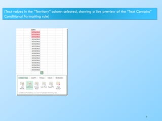27
(Text values in the “Territory” column selected, showing a live preview of the “Text Contains”
Conditional Formatting rule)
 