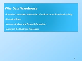 274
Why Data Warehouse
• Provide a consistent information of various cross functional activity.
• Historical Data.
• Access, Analyze and Report Information.
• Augment the Business Processes
 