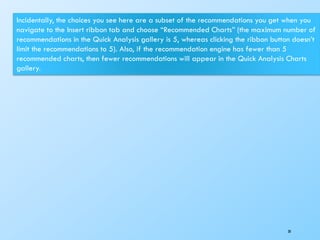 30
Incidentally, the choices you see here are a subset of the recommendations you get when you
navigate to the Insert ribbon tab and choose “Recommended Charts” (the maximum number of
recommendations in the Quick Analysis gallery is 5, whereas clicking the ribbon button doesn’t
limit the recommendations to 5). Also, if the recommendation engine has fewer than 5
recommended charts, then fewer recommendations will appear in the Quick Analysis Charts
gallery.
 