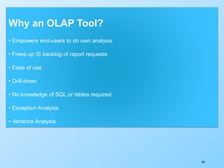 303
Why an OLAP Tool?
• Empowers end-users to do own analysis
• Frees up IS backlog of report requests
• Ease of use
• Drill-down
• No knowledge of SQL or tables required
• Exception Analysis
• Variance Analysis
 