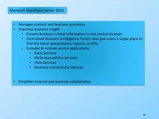 320
Microsoft SharePoint Server 2010
• Manages content and business processes
• Improves business insight
• Present business-critical information in one central location
• Centralized Business Intelligence Center sites give users a single place to
find the latest spreadsheets, reports, or KPIs
• Includes BI-related service applications:
• Excel Services
• PerformancePoint Services
• Visio Services
• Business Connectivity Services
• Simplifies internal and external collaboration
 