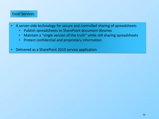 323
Excel Services
• A server-side technology for secure and controlled sharing of spreadsheets
• Publish spreadsheets to SharePoint document libraries
• Maintain a “single version of the truth” while still sharing spreadsheets
• Protect confidential and proprietary information
• Delivered as a SharePoint 2010 service application
 