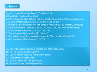 59
Formulas
How to create a formula: Type “=,” followed by:
1. Equal sign (starts all formulas)
2. Cell references (also defined names, sheet references, workbook references)
3. Math operators (plus, subtract, multiply, and so on)
4. Numbers (if the number will not change; for example, 12 months, 24 hours)
5. Built-in functions (AVERAGE, SUM, COUNTIF, DOLLAR, PMT, and so forth)
6. Comparative operators (=, >, >=, <, <=, <>)
7. The ampersand join symbol (&) (Shift + 7)
8. Text within quotation marks (for example, “For the Month Ended”)
9. Array constants (for example, {1,2,3})
How to enter a formula into a cell: hit one of the following:
10. ENTER (Active Cell goes down)
11. Ctrl + Enter (Active Cell remains the same)
12. Tab(Active Cell goes left)
13. Shift + Tab (Active Cell goes right)
14. Shift + Enter(Active Cell goes up)
 