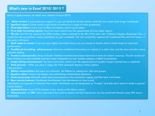 What’s new in Excel 2010/ 2013 ?
Here’s a quick summary of what’s new, relative to Excel 2010:
● 64-bit version: If your hardware supports it, you can install the 64-bit version, which lets you create much larger workbooks.
● Sparkline charts: Create small, in-cell charts to summarize a range of data graphically.
● Pivot table Slicers: A new way to filter and display data in pivot tables.
● Pivot table formatting options: You have more control over the appearance of pivot table reports.
● File tab: The File tab replaces the Office button, which is located to the left of the other tabs. Clicking it displays Backstage View, a
screen that lets you perform various operations on your workbook. This view essentially replaces the traditional File and Print menus —
plus quite a bit more.
● Draft mode for charts: If you use many highly formatted charts, you can choose to display them in draft mode for improved
performance.
● Conditional formatting enhancements: Data bar conditional formatting can display in a solid color, and the bars provide a more
accurate display.
● Function enhancements: Many of Excel’s statistical functions have been improved in terms of numeric accuracy. The old versions of
these functions are still available and have been relegated to a new function category called Compatibility.
● Image editing enhancements: You have much more control over the appearance of graphic images inserted into a workbook.
● Paste preview: When you copy a range, the Paste command displays various options
(with preview).
● Ribbon customization: End users can customize the Ribbon by adding new tabs and groups.
● Equation editor: Create and display (non calculating) mathematical equations.
● Faster processing: Microsoft made some improvements to the calculation engine, and files load a bit faster.
● New security features: Workbooks downloaded from the Internet or from e-mail
attachments are opened in Protected View mode. Workbooks can be designated as “trusted,” and they don’t need to reside in special
trusted folders.
● Updated Solver: Excel 2010 includes a new version of the Solver add-in.
● Enhancements to VBA: Many operations that used to require old XLM macros can now be performed directly using VBA macro
commands.
7
 