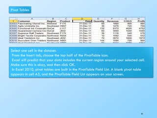 Pivot Tables
Select one cell in the dataset.
From the Insert tab, choose the top half of the PivotTable icon.
Excel will predict that your data includes the current region around your selected cell.
Make sure this is okay, and then click OK.
In Excel 2010, pivot tables are built in the PivotTable Field List. A blank pivot table
appears in cell A3, and the PivotTable Field List appears on your screen.
83
 