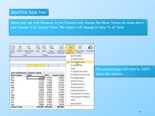 More Pivot Table Tricks
select any cell with Revenue. In the Options tab, choose the Show Values As drop-down
and choose % of Column Total. The report will change to show % of Total.
The percentages will total to 100%
down the column.
91
 