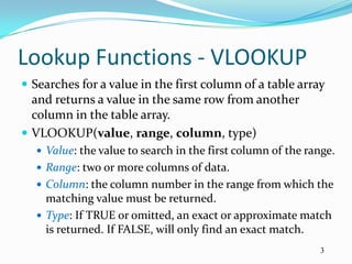 Lookup Functions - VLOOKUP
 Searches for a value in the first column of a table array
  and returns a value in the same row from another
  column in the table array.
 VLOOKUP(value, range, column, type)
   Value: the value to search in the first column of the range.
   Range: two or more columns of data.
   Column: the column number in the range from which the
    matching value must be returned.
   Type: If TRUE or omitted, an exact or approximate match
    is returned. If FALSE, will only find an exact match.
                                                            3
 