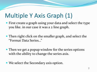 Multiple Y Axis Graph (1)
 First create a graph using your data and select the type
 you like. in our case it was a 2 line graph.

 Then right click on the smaller graph, and select the
 “Format Data Series…”

 Then we get a popup window for the series options
 with the ability to change the series axis.

 We select the Secondary axis option.
                                                          2
 