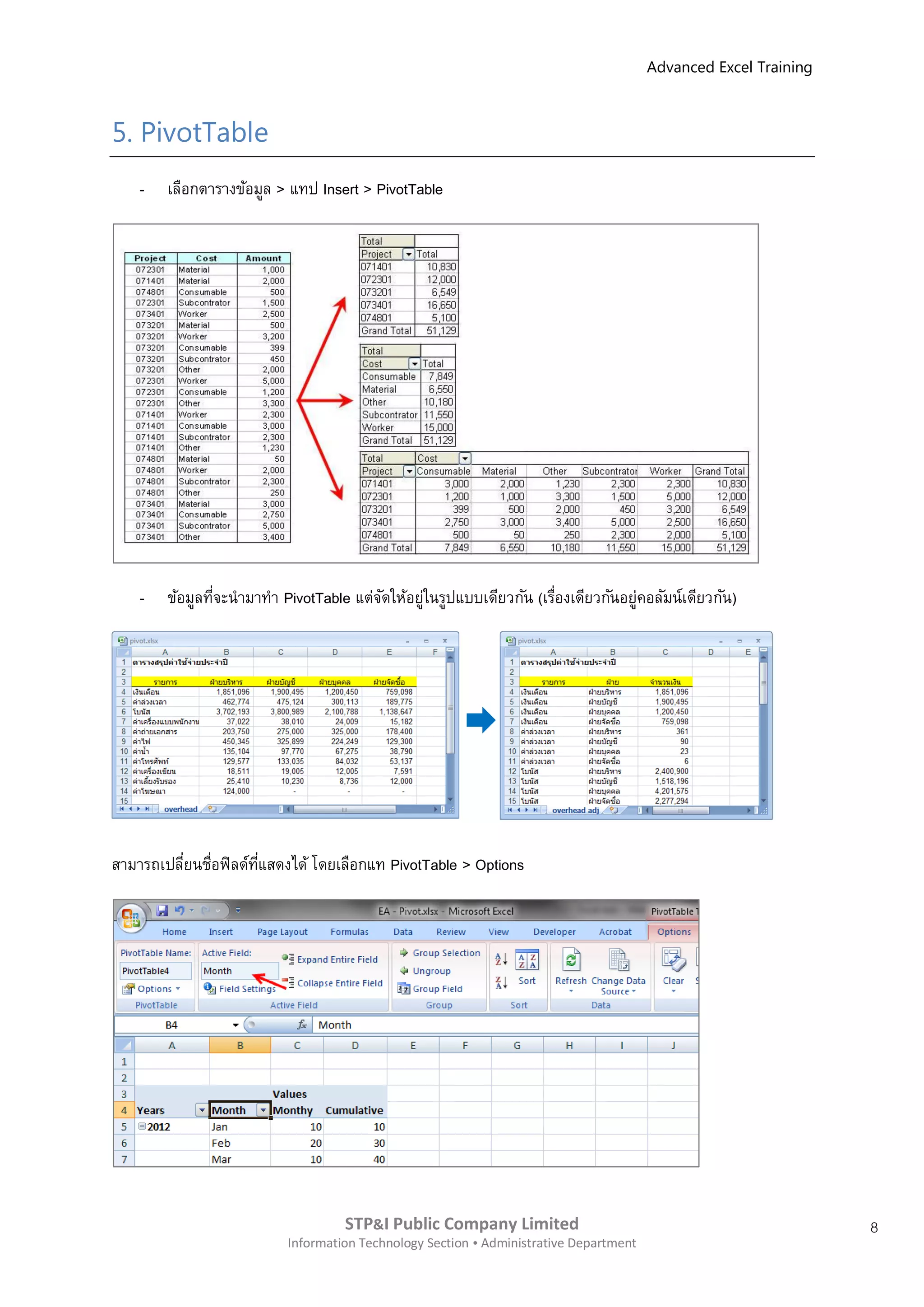 Advanced Excel Training



5. PivotTable
    -   เลือกตารางข้อมูล > แทป Insert > PivotTable




    -   ข้อมูลทีจะนามาทา PivotTable แต่จดให้อยู่ในรูปแบบเดียวกัน (เรืองเดียวกันอยู่คอลัมน์เดียวกัน)
                ่                       ั                            ่




สามารถเปลียนชือฟิ ลด์ทแสดงได้ โดยเลือกแท PivotTable > Options
          ่ ่         ี่




                                    STP&I Public Company Limited                                                  8
                           Information Technology Section  Administrative Department
 