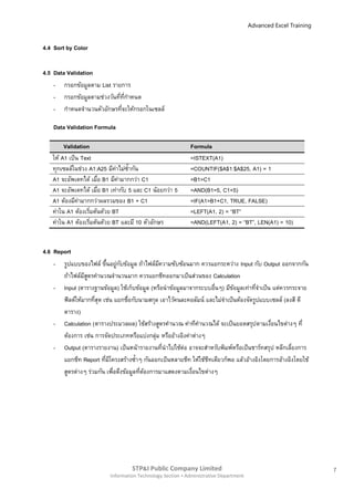 Advanced Excel Training


4.4 Sort by Color


4.5 Data Validation
    - กรอกข้อมูลตาม List รายการ
    - กรอกข้อมูลตามช่วงวันทีทกาหนด
                            ่ ี่
    - กาหนดจานวนตัวอักษรทีจะให้กรอกในเซลล์
                             ่

    Data Validation Formula

        Validation                                          Formula
   ให้ A1 เป็น Text                                         =ISTEXT(A1)
   ทุกเซลล์ในช่วง A1:A25 มีคาไม่ซ้ ากัน
                             ่                              =COUNTIF($A$1:$A$25, A1) = 1
   A1 จะอัพเดทได้ เมือ B1 มีคามากกว่า C1
                       ่       ่                            =B1>C1
   A1 จะอัพเดทได้ เมือ B1 เท่ากับ 5 และ C1 น้อยกว่า 5
                         ่                                  =AND(B1=5, C1<5)
   A1 ต้องมีคามากกว่าผลรวมของ B1 + C1
              ่                                             =IF(A1>B1+C1, TRUE, FALSE)
   ค่าใน A1 ต้องเริมต้นด้วย BT
                   ่                                        =LEFT(A1, 2) = “BT”
   ค่าใน A1 ต้องเริมต้นด้วย BT และมี 10 ตัวอักษร
                     ่                                      =AND(LEFT(A1, 2) = “BT”, LEN(A1) = 10)


4.6 Report
    - รูปแบบของไฟล์ ขึนอยู่กบข้อมูล ถ้าไฟล์มความซับซ้อนมาก ควรแยกระหว่าง Input กับ Output ออกจากกัน
                           ้    ั              ี
       ถ้าไฟล์มสตรคานวณจานวนมาก ควรแยกชีทออกมาเป็นส่วนของ Calculation
                 ีู
    - Input (ตารางฐานข้อมูล) ใช้เก็บข้อมูล (หรือนาข้อมูลมาจากระบบอื่นๆ) มีขอมูลเท่าทีจาเป็น แต่ควรกระจาย
                                                                            ้         ่
       ฟิ ลด์ให้มากทีสุด เช่น แยกชือกับนามสกุล เอาไว้คนละคอลัมน์ และไม่จาเป็นต้องจัดรูปแบบเซลล์ (ลงสี ตี
                     ่              ่
       ตาราง)
    - Calculation (ตารางประมวลผล) ใช้สร้างสูตรคานวณ ค่าทีคานวณได้ จะเป็นยอดสรุปตามเงือนไขต่างๆ ที่
                                                                                           ่
       ต้องการ เช่น การจัดประเภทหรือแบ่งกลุ่ม หรืออ้างอิงค่าต่างๆ
    - Output (ตารางรายงาน) เป็นหน้ารายงานทีนาไปใช้ต่อ อาจจะสาหรับพิมพ์หรือเป็นชาร์ทสรุป หลีกเลียงการ
                                                 ่                                                 ่
       แยกชีท Report ทีมโครงสร้างซ้าๆ กันออกเป็นหลายชีท ให้ใช้ชทเดียวก็พอ แล้วอ้างอิงโดยการอ้างอิงโดยใช้
                          ่ ี                                     ี
       สูตรต่างๆ ร่วมกัน เพื่อดึงข้อมูลทีตองการมาแสดงตามเงือนไขต่างๆ
                                         ่ ้                ่




                                   STP&I Public Company Limited                                                  7
                          Information Technology Section  Administrative Department
 
