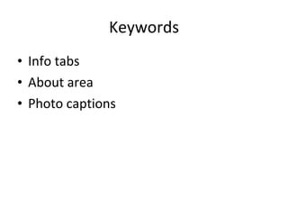 Keywords Info tabs About area Photo captions 