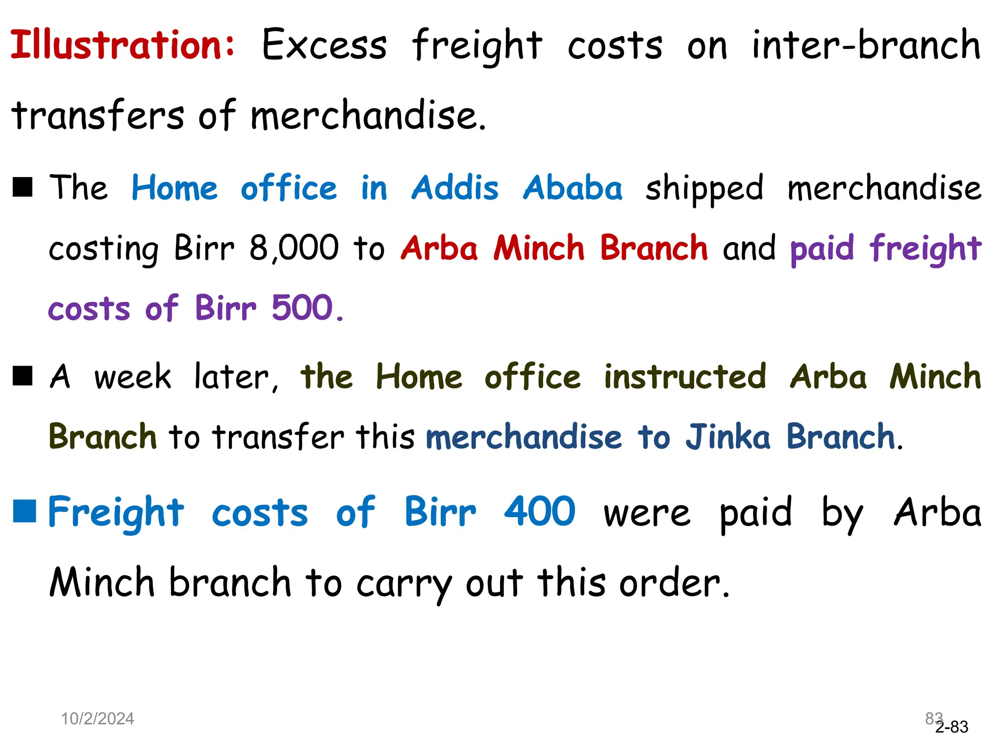 2-83
Illustration: Excess freight costs on inter-branch
transfers of merchandise.
 The Home office in Addis Ababa shipped merchandise
costing Birr 8,000 to Arba Minch Branch and paid freight
costs of Birr 500.
 A week later, the Home office instructed Arba Minch
Branch to transfer this merchandise to Jinka Branch.
 Freight costs of Birr 400 were paid by Arba
Minch branch to carry out this order.
10/2/2024 83
 