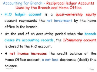 2-22
Accounting for Branch – Reciprocal ledger Accounts
Used by the Branch and Home Office
10/2/2024 22
• H.O ledger account is a quasi-ownership equity
account represents the net investment by the home
office in the branch.
• At the end of an accounting period when the branch
closes its accounting records, the I/Summary account
is closed to the H.O account.
• A net income increases the credit balance of the
Home Office account; a net loss decreases (debit) this
balance.
 