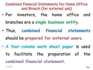 2-40
Combined financial Statements for Home Office
and Branch (for external use)
• For investors, the home office and
branches are a single business entity.
• Thus, combined financial statements
should be prepared for external users.
• A four-column work sheet paper is used
to facilitate the preparation of the
combined financial statement.
10/2/2024 40
 