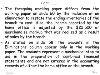 2-75
10/2/2024
75
Cont……….
• The foregoing working paper differs from the
working paper on slide 60 by the inclusion of an
elimination to restate the ending inventories of the
branch to cost. Also, the income reported by the
home office is adjusted by the $22,500 of
merchandise markup that was realized as a result
of sales by the branch.
• As stated on slide 58, the amounts in the
Eliminations column appear only in the working
paper. The amounts represent a mechanical step to
aid in the preparation of combined financial
statements and are not entered in the accounting
records of either the home office or the branch.
 