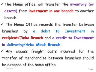2-82
 The Home office will transfer the inventory (or
assets) from investment in one branch to another
branch.
 The Home Office records the transfer between
branches by a debit to Investment in
recipient/Jinka Branch and a credit to Investment
in delivering/Arba Minch Branch.
 Any excess freight costs incurred for the
transfer of merchandise between branches should
be expense of the home office.
10/2/2024 82
 