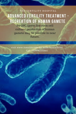 T H E F E R T I L I T Y H O S P I T A L
ADVANCED FERTILITY TREATMENT -
RECREATION OF HUMAN GAMETE 
visit www.femelife.com for more information
Call +919941551661
By GSC (germ line stem cell
culture) production of human
gamete may be possible in near
future.
 