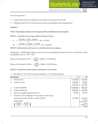 107
Advanced Financial Accounting & Reporting
You are required to :
1. Compute the amount of debentures and shares to be issued to S and M.
2. A Balance sheet of N Ltd. showing the position immediately after amalgamation.
Solution :
Part I : Calculation of shares to be issued and No. of debentures to be issued :
WN # 1 : Calculation of average proﬁt for the past 3 years.
S =
2,24,788 – 1,250 + 1,88,962
3
= Rs. 1,37,500/-
M =
1,36,950 + 1,71,050 + 1,79,500
3
= Rs. 1,62,500/-
WN # 2 : Determination of shares to be distributed to each company
Distribution : 30,000 Equity Shares of N Ltd. are to be distributed between the S Ltd. and M Ltd. in their
proﬁtability ratio. i.e. 1375 : 1625
Shares to be Issued to S Ltd. = 1,375
3,000
x 30,000 = 13,750 Shares.
Shares to be Issued to M Ltd. = 1,625
3,000
x 30,000 = 16,250 Shares.
WN # 2 : Calculation of the number of debentures to be issued :
i. Calculation of 10% return of capital employed :- (at revalued ﬁgures)
Particulars S M
a. Fixed Assets 6,55,000 2,95,000
b. Current Assets 1,49,750 78,875
8,04,750 3,73,875
c. Current liabilities (2,98,500) (90,125)
d. Capital employed 5,06,250 2,83,750
e. Return on capital employed @ 10% 50,625 28,375
f. Number of 15% debenture to be issued in order to get
same return of Rs. 50,625/- and Rs. 28,375/- 3,37,500 1,89,167
respectively.
( 50,625
15%
,
28,375
15% )
= 1,89,200
(rounded of in
nearest
Multiples of
Rs.100
 