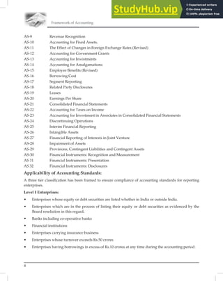 8
Framework of Accounting
AS-9 Revenue Recognition
AS-10 Accounting for Fixed Assets.
AS-11 The Effect of Changes in Foreign Exchange Rates (Revised)
AS-12 Accounting for Government Grants
AS-13 Accounting for Investments
AS-14 Accounting for Amalgamations
AS-15 Employee Beneﬁts (Revised)
AS-16 Borrowing Cost
AS-17 Segment Reporting
AS-18 Related Party Disclosures
AS-19 Leases
AS-20 Earnings Per Share
AS-21 Consolidated Financial Statements
AS-22 Accounting for Taxes on Income
AS-23 Accounting for Investment in Associates in Consolidated Financial Statements
AS-24 Discontinuing Operations
AS-25 Interim Financial Reporting
AS-26 Intangible Assets
AS-27 Financial Reporting of Interests in Joint Venture
AS-28 Impairment of Assets
AS-29 Provisions, Contingent Liabilities and Contingent Assets
AS-30 Financial Instruments: Recognition and Measurement
AS 31 Financial Instruments: Presentation
AS 32 Financial Instruments: Disclosures
Applicability of Accounting Standards:
A three tier classiﬁcation has been framed to ensure compliance of accounting standards for reporting
enterprises.
Level I Enterprises:
• Enterprises whose equity or debt securities are listed whether in India or outside India.
• Enterprises which are in the process of listing their equity or debt securities as evidenced by the
Board resolution in this regard.
• Banks including co-operative banks
• Financial institutions
• Enterprises carrying insurance business
• Enterprises whose turnover exceeds Rs.50 crores
• Enterprises having borrowings in excess of Rs.10 crores at any time during the accounting period.
 
